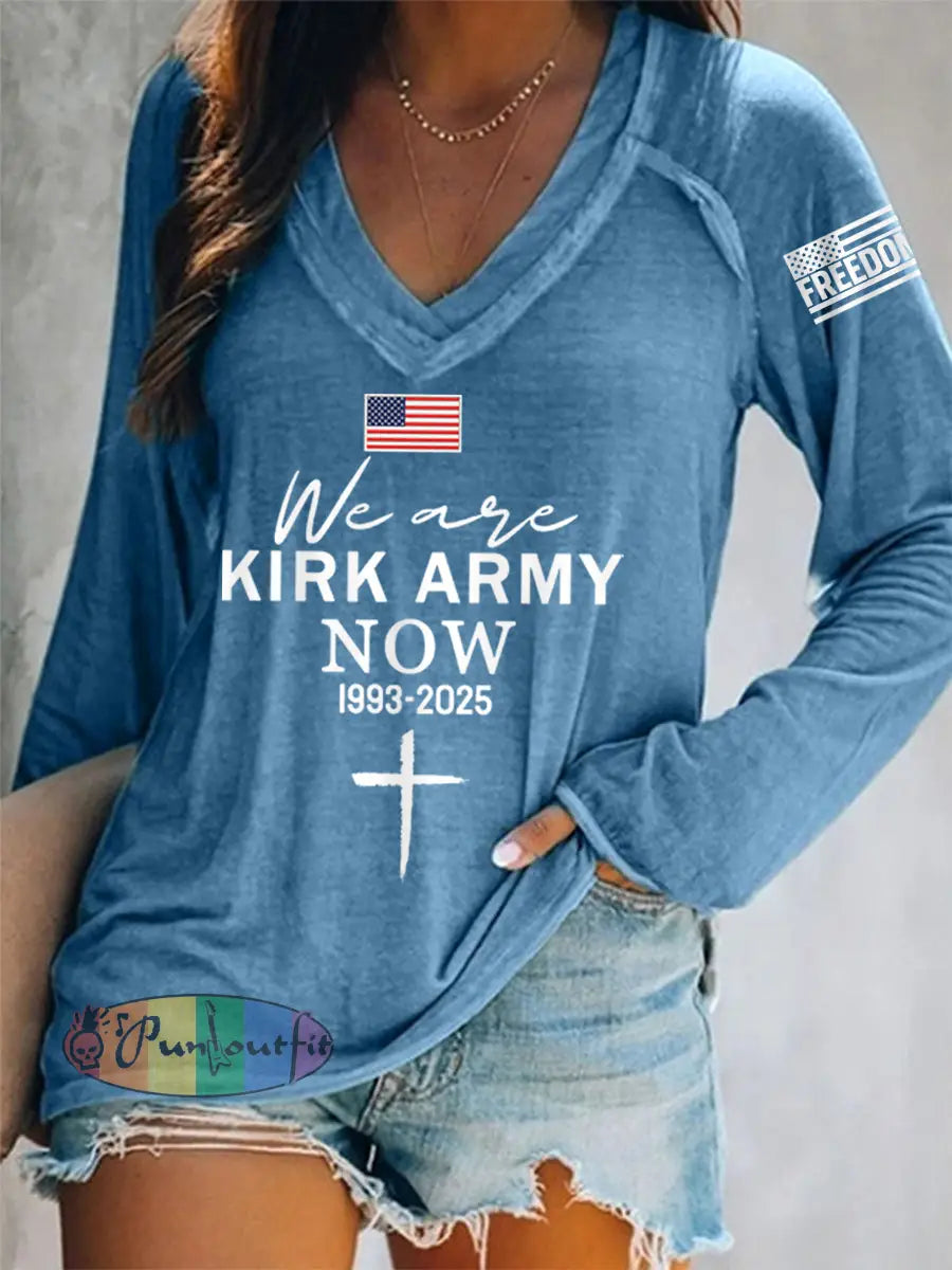 Women’s We Are All Kirk Army Now! R.I.P Charlie Kirk V-Neck Long-Sleeve T-Shirt Blue / S