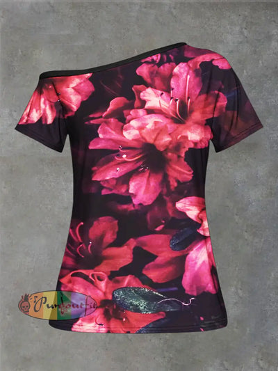 Women’s Wealth Flowers Print Strapless Short Sleeve Casual T-Shirt Red / S