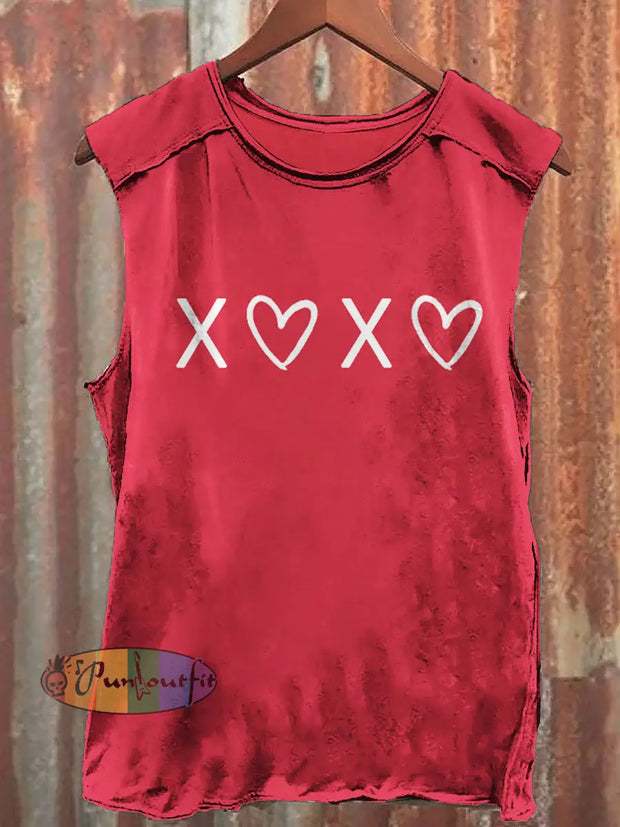 X Heart Love Print Casual Crew Neck Vest Red / S